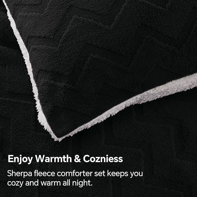 BEDELITE Fluffy Full Size Comforter Set - Super Soft Sherpa Black Comforter for Full Size Bed, Luxury Warm Bedding Set for Winter, Fuzzy Bed Set 3 Pieces (1 Comforter, 2 Pillowcases)