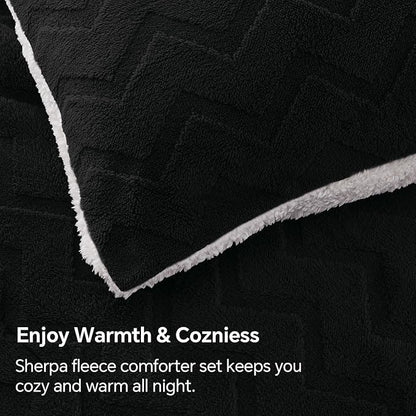 BEDELITE Fluffy Full Size Comforter Set - Super Soft Sherpa Black Comforter for Full Size Bed, Luxury Warm Bedding Set for Winter, Fuzzy Bed Set 3 Pieces (1 Comforter, 2 Pillowcases)