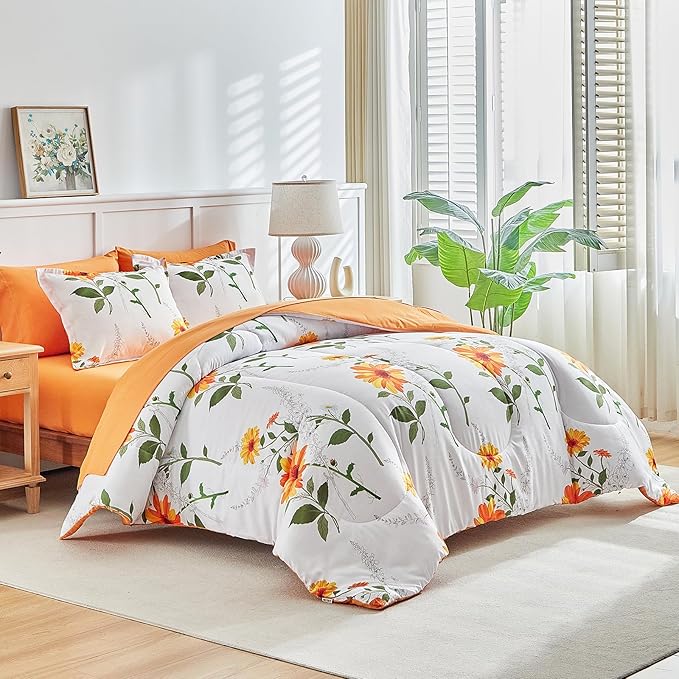 Joyreap 7 Piece Bed in a Bag King, Floral Comforter Sheet Set, Orange n Yellow Flowers on White Design, All Season Microfiber Bedding Comforter Set