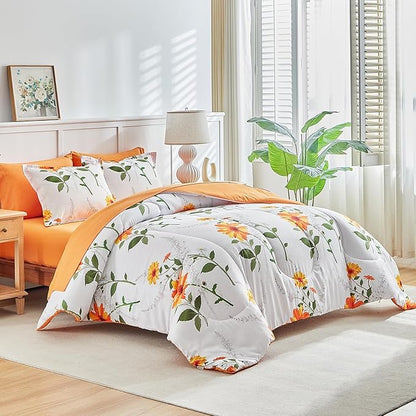 Joyreap 7 Piece Bed in a Bag King, Floral Comforter Sheet Set, Orange n Yellow Flowers on White Design, All Season Microfiber Bedding Comforter Set