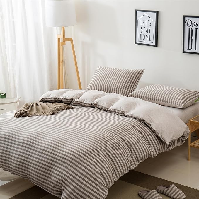 Full Size Bedding Comforter Set for Women,Men Breathable Cotton Comforter for Bed 3 Pieces Comforter Set with Coffee Striped Pattern, 2 Pillow Cases, 80''x90''