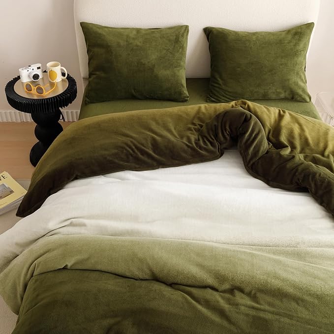 Cottonight Velvet Fluffy Comforter Full Dark Green Gradient Plush Flannel Bedding Set Women Men Thick Warm Winter Blanket Quilts Sherpa Micromink Ink Color Plush Fashion Bedding