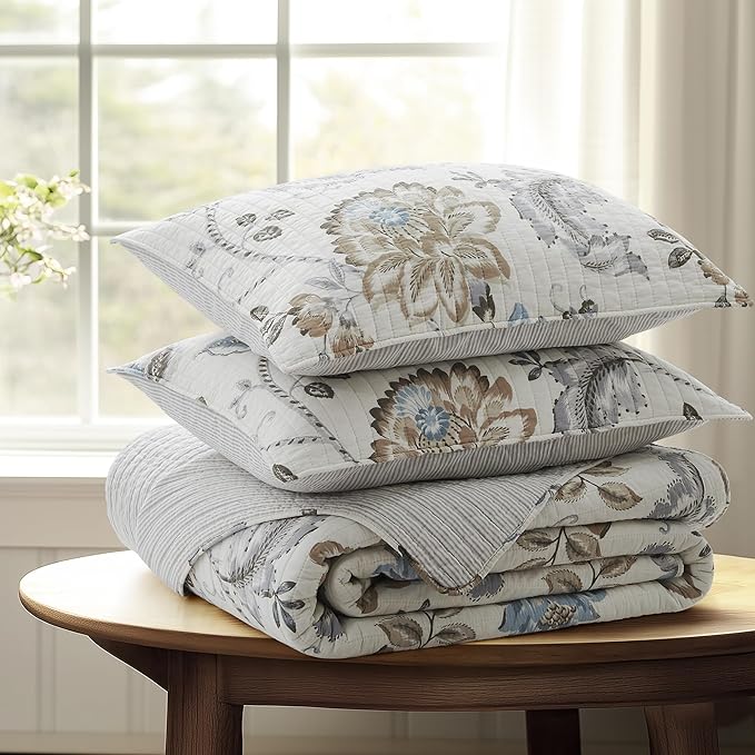 Levtex Home - Maileen Neutral Blue Quilt Set - Twin Quilt and One Standard Sham - Floral - Taupe Blue and Cream - Quilt (68x86in.) and Sham (20x26in.) - Reversible - Cotton