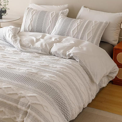 CLOTHKNOW White Black Bohemian Twin Comforter Set 3Pcs Clipped Jacquard Farmhouse Bedding Comforter Sets Jacquard Stripes Comforter Soft Fluffy
