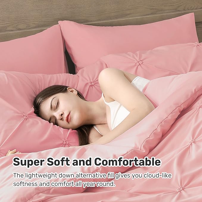 UNIKOME Queen Comforter Set Pink - Ultra Soft Boho Pintuck Down Alternative Bedding Set for All Seasons, 3 Pieces Lightweight Warm Pinch Pleat Bed Set with Comforter, 2 Pillowcases