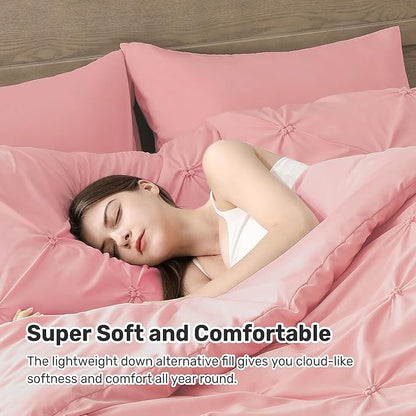 UNIKOME King Size Comforter Set Pink - Ultra Soft Boho Pintuck Down Alternative Bedding Set for All Seasons, 3 Pieces Lightweight Warm Pinch Pleat Bed Set with Comforter, 2 Pillowcases