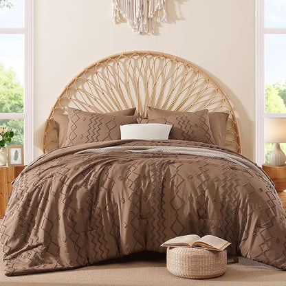Queen Comforter Set Brown, Tufted Geometric Boho Bedding Farmhouse Bed Set, All Season 7 Pieces Bed in a Bag with Sheets, Pillowcases & Shams