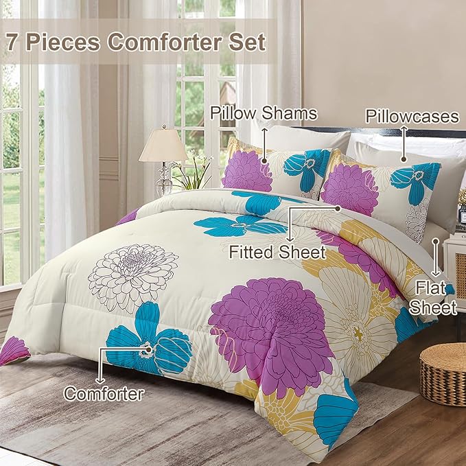 Yiran Pink Teal Beige Comforter Set Twin Size,7 Pieces Bed in a Bag Colourful Floral Comforter Boho Microfiber Lightweight Bedding Set for All Season (68''x86'')