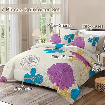 Yiran Pink Teal Beige Comforter Set Queen Size,7 Pieces Bed in a Bag Colourful Floral Comforter Boho Microfiber Lightweight Bedding Set for All Season (90''x90'')