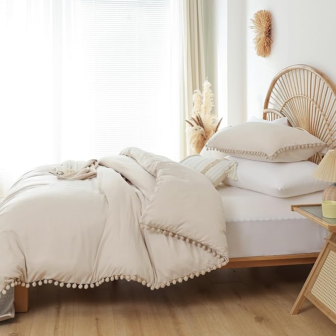 YIRDDEO Full Size Comforter Sets - Full Size Comforter with Ball Pom Fringe, Soft Bedding Set for All Seasons - 3 Pieces, 1 Comforter (79"x90") & 2 Pillow Shams(20"x26"), Beige