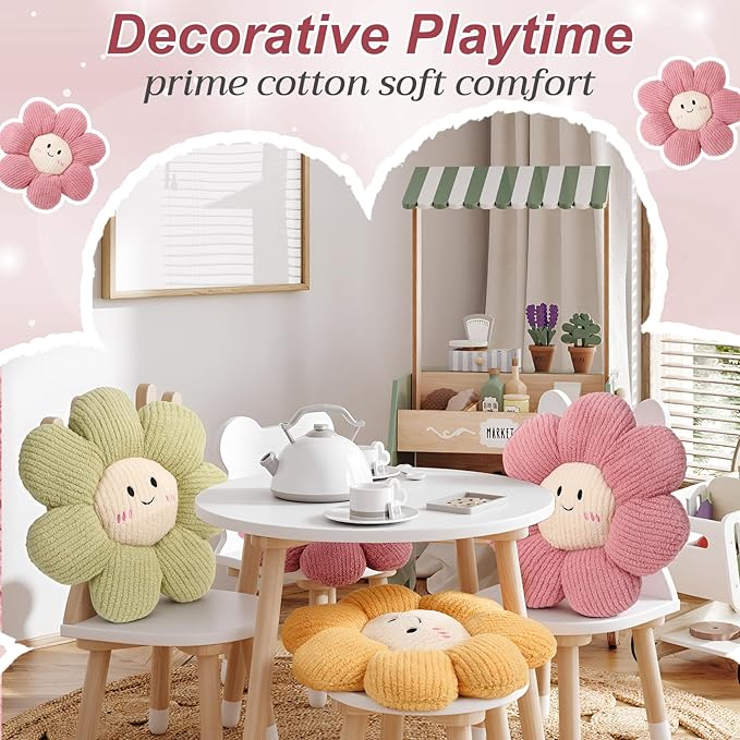 2 Pcs Smile Face Flower Pillows 15" Pink Flower Throw Pillows Decorative Daisy Floor Seating Cushion Aesthetic Cute Seat Cushion for Bed Sofa Couch Home Decor Bedroom Living Room Chair