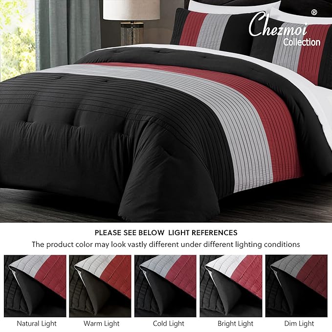 Chezmoi Collection Briar 7-Piece King Bed in a Bag - All Season Lightweight Microfiber Comforter Set - Includes Sheets & Shams - Red/Black/Gray Pleated Stripe Design