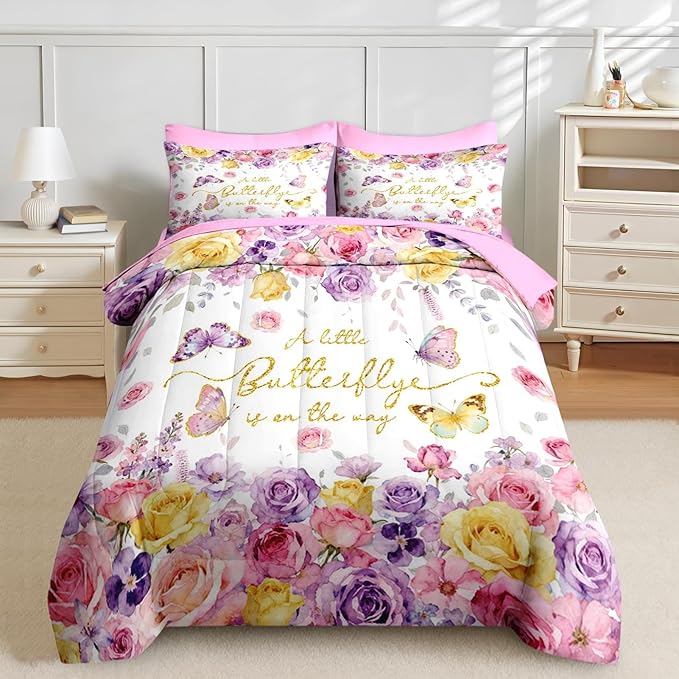 Nesker 5 Pcs Spring Comforter Set Twin Size, Pink Purple Floral Bedding Set for Kids and Adults, Roses Butterfly Bed Sheet Sets with Fitted Sheet Pillowcase & Sham