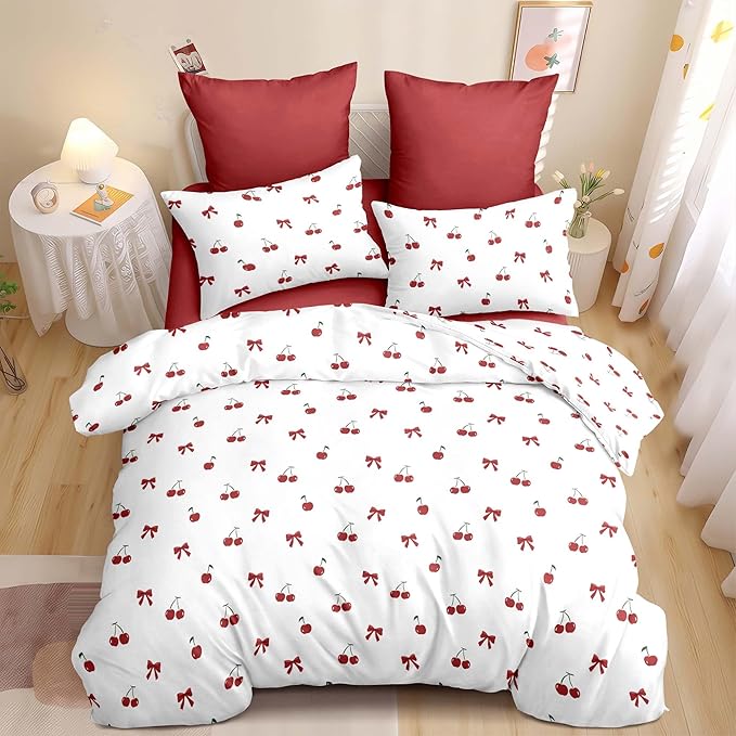 Nayoroom Red Cherry Comforter Set Queen Size Cute Bow Comforter 3 Pieces Soft Lightweight Kids Girls Aesthetic Dorm Bedding Set for All Seasons