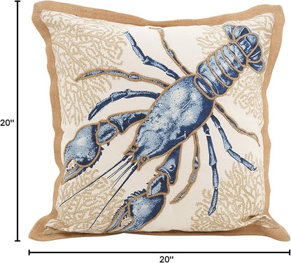 SARO LIFESTYLE Neptunian Coastal Throw Pillow – 20” x 20”, Woven Cotton Cover with Jute Trim, Zipper Closure, Down & Feather Insert – Lobster, Navy Blue