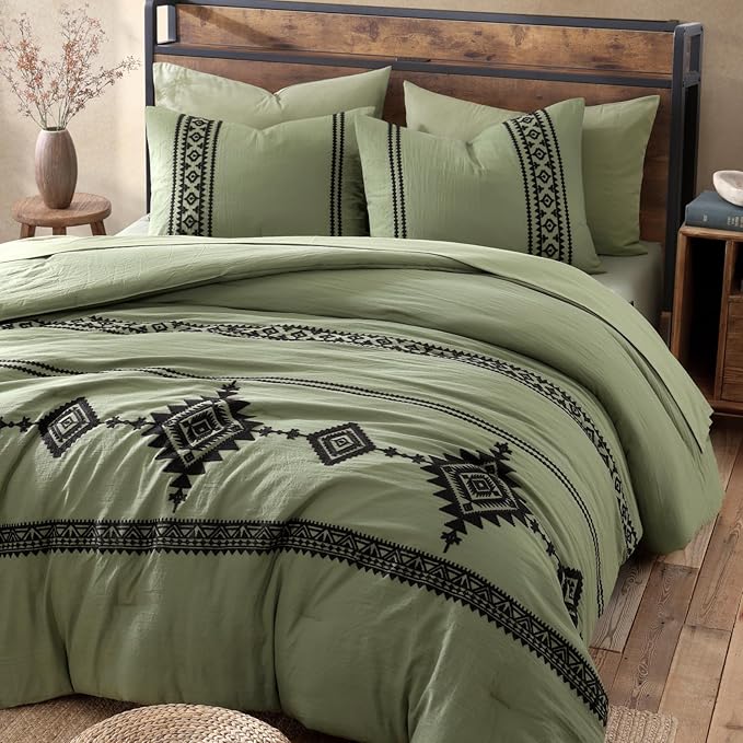 MaiRêve Embroidery Comforter Sets Full Size, Light Olive Green Western Boho Bedding Set 7 Pieces, Farmhouse All Season Bed in A Bag Comforter Set with Sheets, Pillowcases & Shams