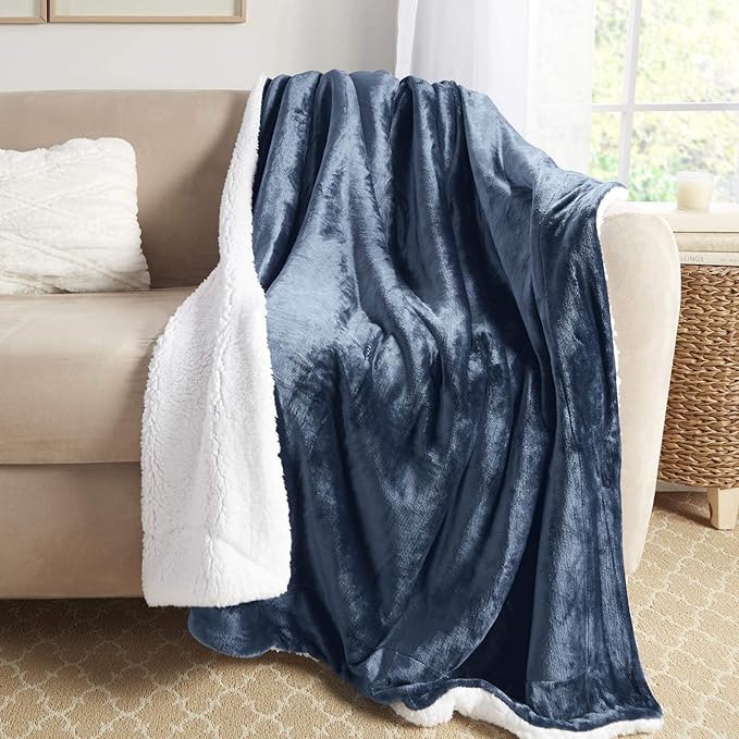 Genteele Sherpa Throw Blanket Super Soft Reversible Ultra Luxurious Plush Blanket, 50 x 60 inches, Navy/White