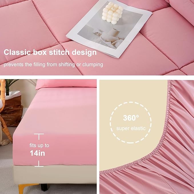DOWNCOOL King Size Comforter Set, 7Pcs Bedding Comforter Sets Pink, All Season Down Alternative Bedding Comforter Sets with Comforter, Flat Sheet, Fitted Sheet, 2 Pillow Shams & 2 Pillowcases