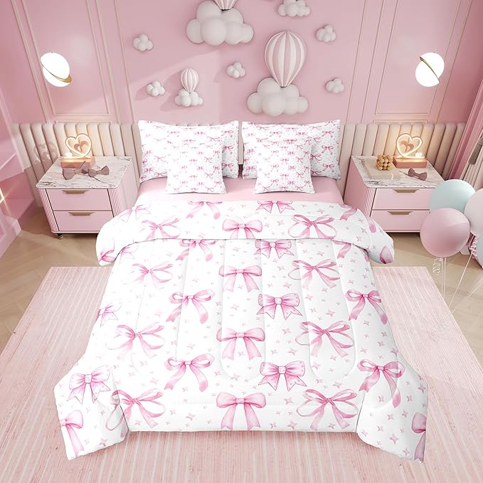 Erosebridal Starry Cute Pink White Bow Girls 7 Piece Bedding Set Twin | Kawaii Bow Girly Stripe Comforter Set with Sheets Ribbon Kids Women Bed in A Bag Plaid Checkered Bed Sets