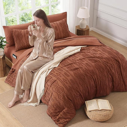 Queen Comforter Set Autumn Leaf, Tufted Boho Bedding Farmhouse Bed Set, All Season 7 Pieces Bed in a Bag with Sheets, Pillowcases & Shams