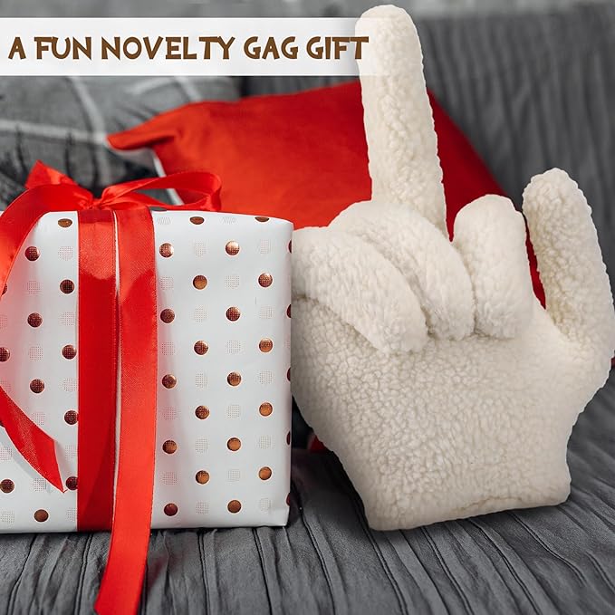 Menkxi Small Middle Finger Decorative Pillow 13.78 x 9.84 in Funny Shaped Sherpa Fleece Throw Pillow Warm Soft Emoticon Cushion Middle Finger Decor for Couch Gag Gift(Ivory)