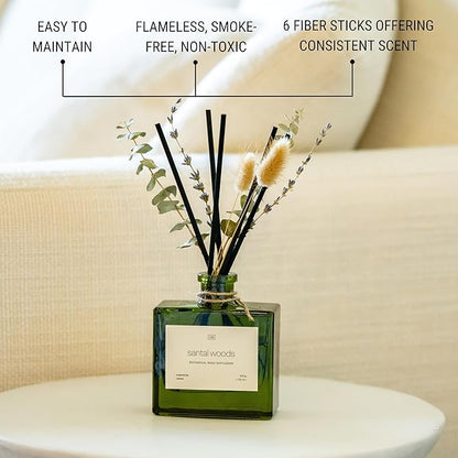 Craft & Kin Reed Diffuser with Dried Flowers | 5 oz Santal Woods Scented Reed Diffusers for Home, Bathroom | Scent Sticks | Elegant Fragrance Home Decor for Men & Women