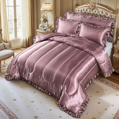 Satin King Comforter Set Silk Like Satin Bedding Set 4 Pcs Hotel Soft Polyester Blush Pink Bed Set Luxury Silky Body Pillow Cover Ruffle Down Comforter Home Decor