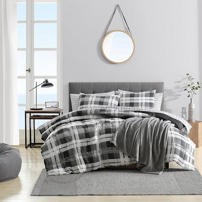 Nautica - Queen Comforter Set, Reversible Bedding with Matching Shams, Microsuede with Sherpa Reverse, Oek-Tex Certified (Crossview Plaid Charcoal)