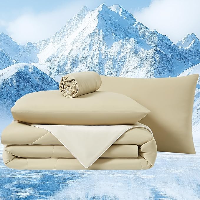Cooling Comforter Set King- Beige Reversible Cooling Comforter Set with Sheets - Soft Breath Comforter 4pcs Set (Comforter+Fitted Sheets+2Pillowcases)