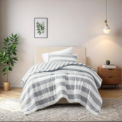 Reversible Striped Twin Comforter Set, Soft Microfiber Bedding Set with Double-Sided Stripes Design, Warm & Cozy for All-Seasons, 2-Piece Comforter and Sham Set Twin Size, Grey