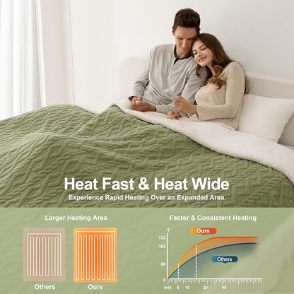 Queen Size Heated Blanket 84"X90" Green - Soft Thick Warm Sherpa Electric Blanket for Winter with Dual Control, 5 Fast Heating Levels & 10hrs Auto Off, Washable & ETL Certified for Bed
