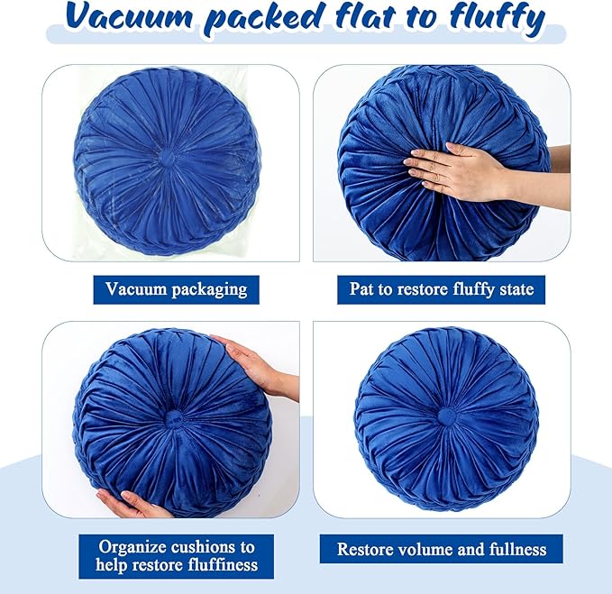 1 Pcs Round Throw Pillows Decorative Velvet Pleated Throw Pillows 15'' Diameter Accent Pumpkin Boho Chair Cushion for Couch Sofa Chair Bed Home Decoration (Navy Blue)