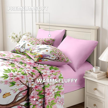 Nesker 5 Pcs Spring Comforter Set Twin Size, Gnome Flower Bedding Set for Kids and Adults, Pink Cherry Blossoms Tree Bed Sheet Sets with Fitted Sheet Pillowcase & Sham