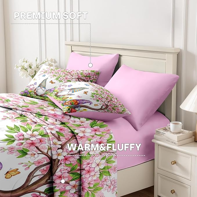 Nesker 7 Pcs Spring Comforter Set King Size, Gnome Flower Bedding Set for Kids and Adults, Pink Cherry Blossoms Tree Bed Sheet Sets with Fitted Sheet 2 Pillowcases & 2 Shams