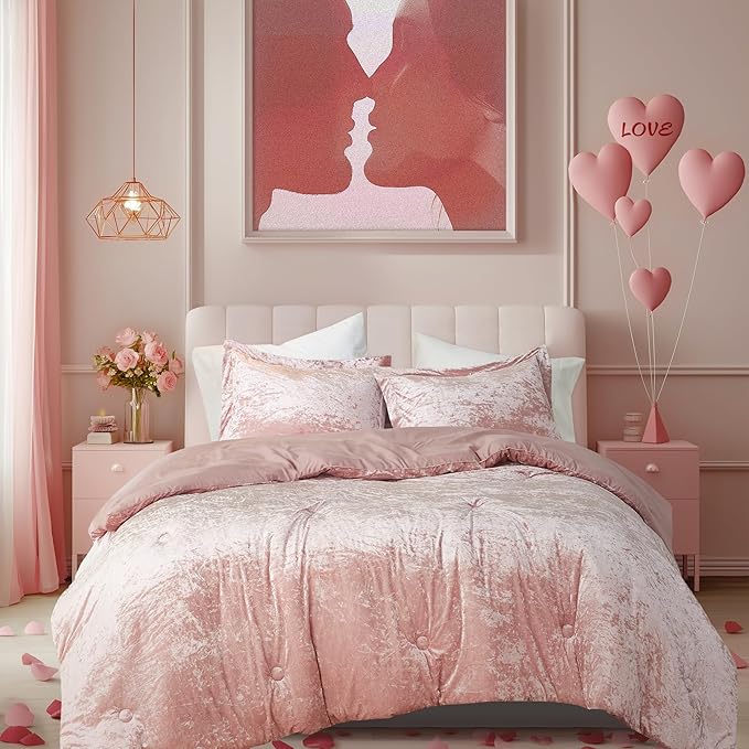 Comfort Spaces Juliette Luxe Comforter Set Velvet Lush with Soft Brushed Microfiber Reverse, All Season Cozy Velvet Bedding Sets, Fluffy Comforter Bed Set, Matching Sham, Blush King 3 Piece
