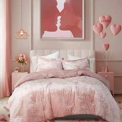 Comfort Spaces Juliette Luxe Comforter Set Velvet Lush with Soft Brushed Microfiber Reverse, All Season Cozy Velvet Bedding Sets, Fluffy Comforter Bed Set, Matching Sham, Blush Full/Queen 3 Piece