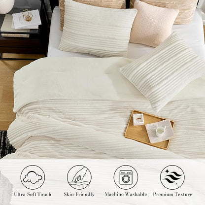 Amélie Home High-End Fleece Twin Comforter Set,Cozy Warm Striped Plush Bedding Set for Winter, 3 Pieces, 1 Cozy Comforter with 2 Pillowcases, Beige, 68" x90
