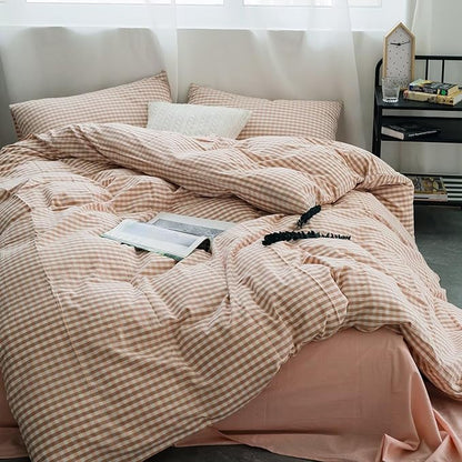 mixinni Pink Gingham Comforter Set King, Plaid Comforter Set 3 Pieces 1 Pink Grid Comfoter with 2 Pillow Cases for All Seasons, Soft Fluffy Modern Grid Pattern Printed Bedding-King Size