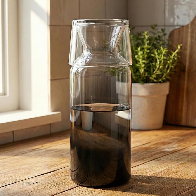 RAKLE Bedside Water Carafe & Glass Cup Set, 700cc 24oz Nightstand Decanter for Bedroom Kitchen Office, Glass Carafe Set for Home, Smoke Black Gradient