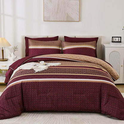 WONGS BEDDING Burgundy Comforter Set Queen Size, 7 Pieces Maroon Striped Bed in a Bag Comforter and Sheet Set,Patchwork Soft Lightweight Micorfiber Bedding Set for All Seaon (90"×90")