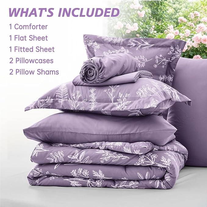 MUXHOMO Grayish Purple Full Comforter Set, Elegant Floral Print Bed in a Bag 7 Pieces, Ultra Soft & Breathable Reversible Botanical Pattern Bedding Set with Comforter, Sheets, Pillowcases, and Shams