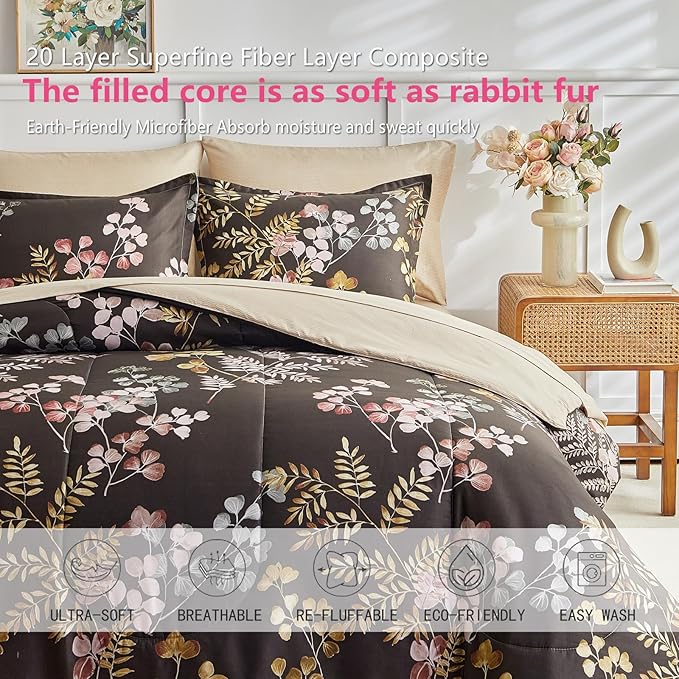 AIKASY Bed in a Bag 7 Pieces Queen Size - Floral Print - Soft Microfiber, Reversible Bed Comforter Set (1 Comforter, 2 Pillow Shams, 1 Flat Sheet, 1 Fitted Sheet, 2 Pillowcases)（Black, Queen）
