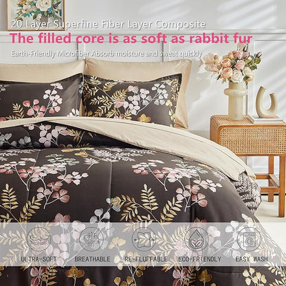 AIKASY Bed in a Bag 7 Pieces Queen Size - Floral Print - Soft Microfiber, Reversible Bed Comforter Set (1 Comforter, 2 Pillow Shams, 1 Flat Sheet, 1 Fitted Sheet, 2 Pillowcases)（Black, Queen）