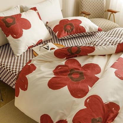 CLOTHKNOW Rust Sunflower Queen Comforter Set 3Pcs Floral Bedding Comforter Sets Brown Plaid Queen Comforter Botanical Queen Size Comforter Sets