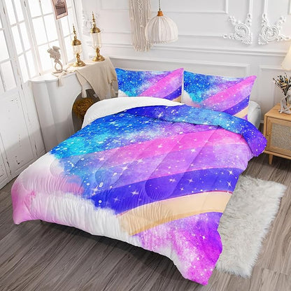 Rainbow King Size Comforter Set for Girls Kids Women,Colorful Galaxy Microfiber 3 Piece Bedding Set,All Season Down Alternative Bedding with Matching Sham(Violet Star)