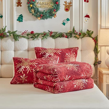 Christmas Sherpa Comforter Set Twin Size 3 Pieces Holiday Red Winter Bedding Microfiber Warm Fleece Comforter with 2 Pillow Shams - Thanksgiving New Year Gift Choice with Gradient Golden Snowflake