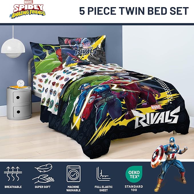 Jay Franco Kids Comforter Set Includes Sheets and Pillow Covers - Soft and Cozy Bed Set for Stylish Room Decor, Official Licensed Bedding, Multi - Marvel Rivals, 5 Piece Twin