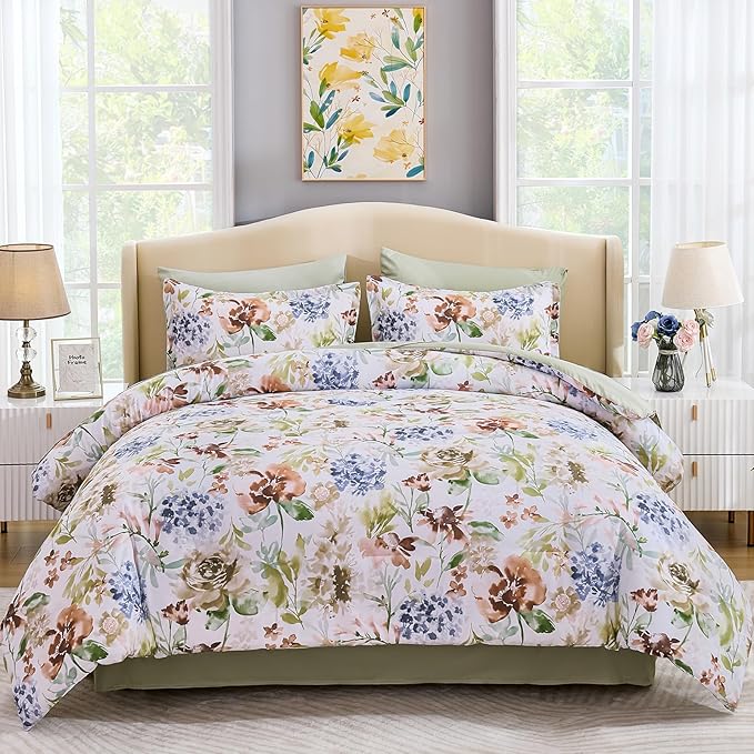 Luxudecor Floral Comforter Set King Size 7 Pieces Bed in a Bag, Green Flower Watercolor Bed Set, Soft Comforter with Sheet Set 104"x90"