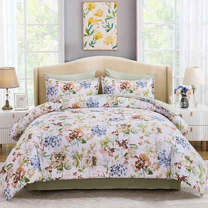 Luxudecor Floral Comforter Set King Size 7 Pieces Bed in a Bag, Green Flower Watercolor Bed Set, Soft Comforter with Sheet Set 104"x90"