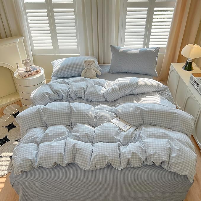 VM VOUGEMARKET Gingham Comforter Set Full Blue White Plaid Checked Bedding Comforter with 2 Pillowcases Modern Cozy Lightweight for Studengts Girls Boys